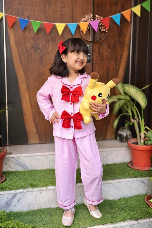 Blush Bow Girls Night Suit with Headbow Clip