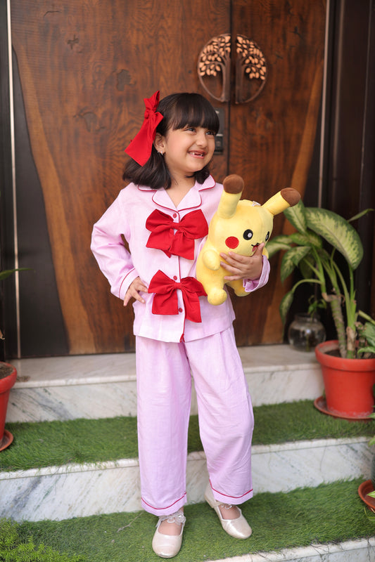 Blush Bow Girls Night Suit with Headbow Clip