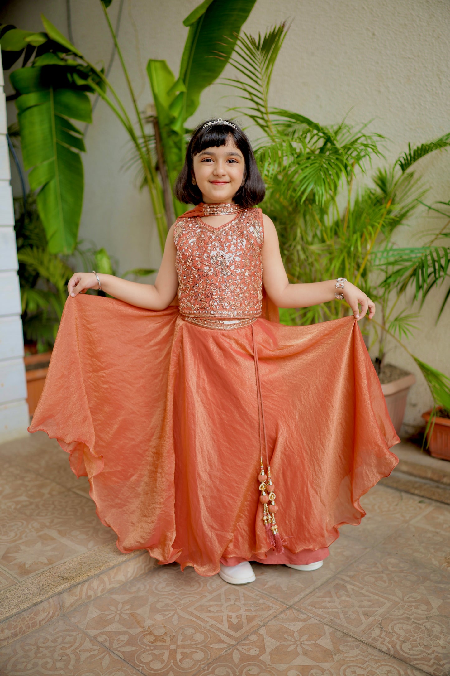Copper Charm Girls Lehenga Set with sleeves