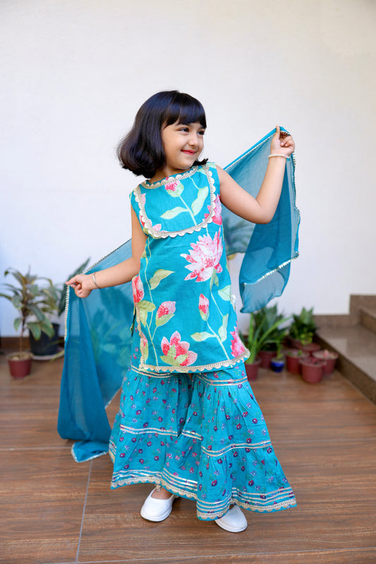 Lotus Lagoon Girls Sharara Set with sleeves