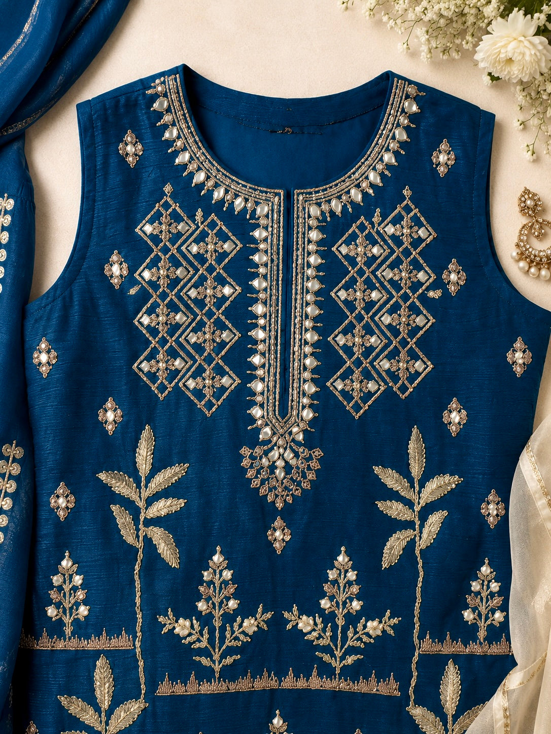 Royal Azure Embroidered Girls Palazzo Set