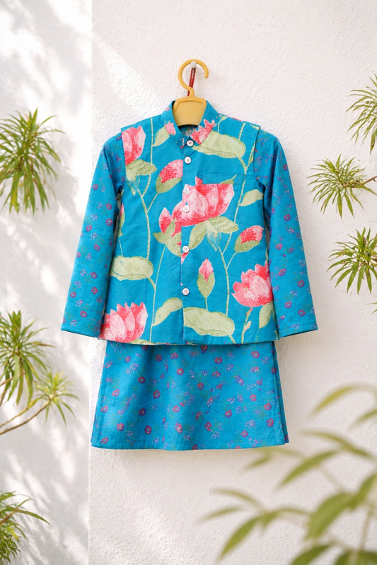 Lotus Lagoon Boys Kurta Set with Jacket