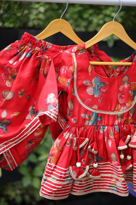 GulmoharΒ Girls Red Dhoti Set CubsNCrowns