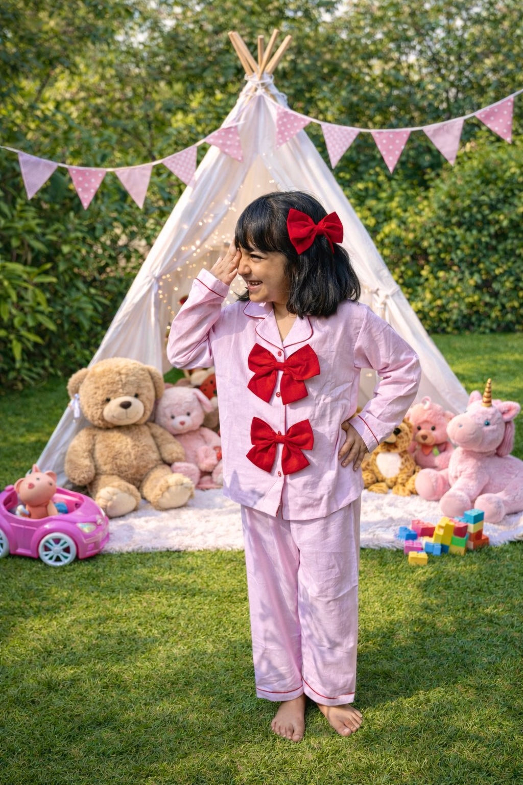 Blush Bow Girls Night Suit with Headbow Clip