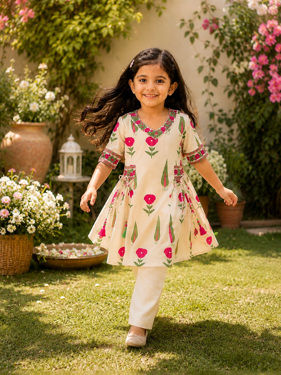 Gulbagh Tassel Girls Cord Set(Pink)