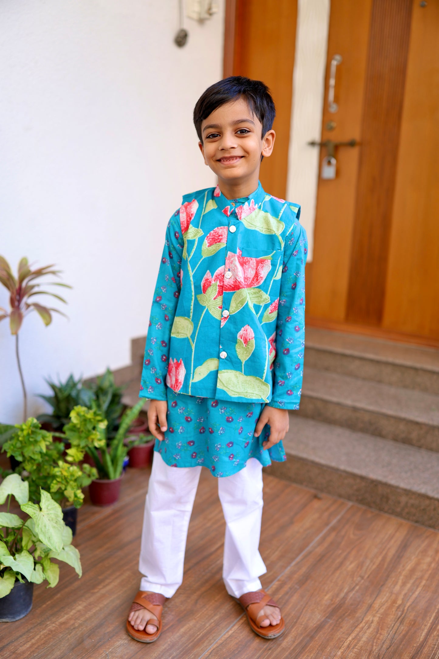 Lotus Lagoon Boys Kurta Set with Jacket