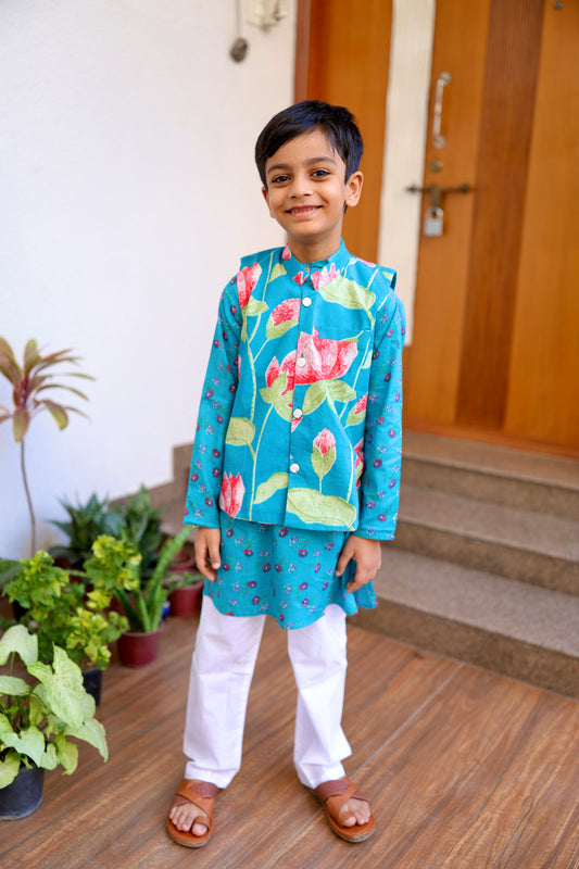 Lotus Lagoon Boys Kurta Set with Jacket