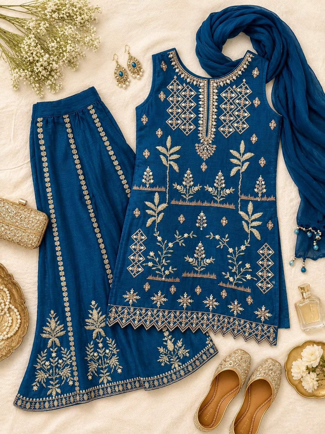 Royal Azure Embroidered Girls Palazzo Set
