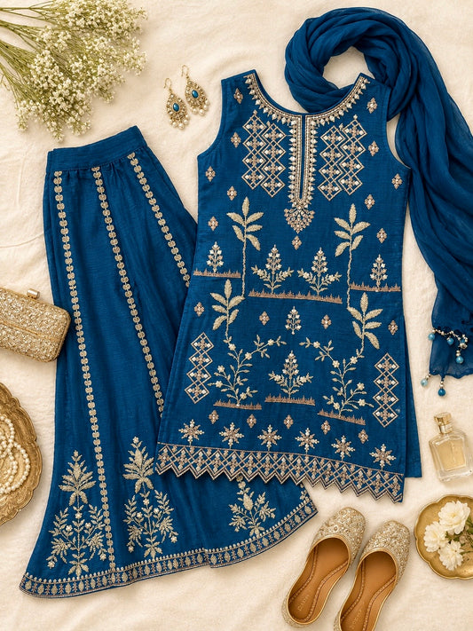 Royal Azure Embroidered Girls Palazzo Set