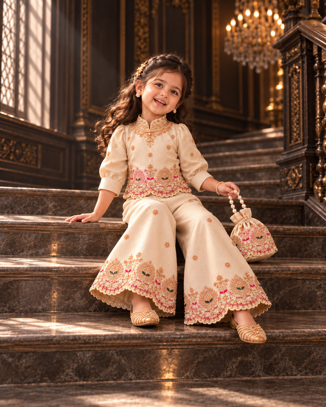 Noor-e-Moti Girls Palazzo Set with potli