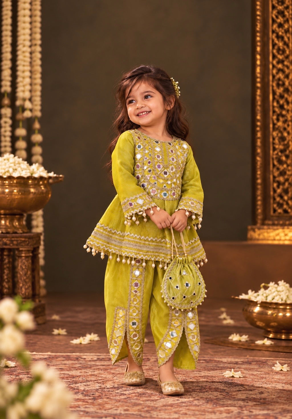 Sitara Lime Girls Dhoti Set with potli