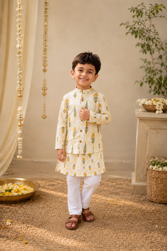 Basant Bagh Boys 3 piece kurta pyjama Jacket Set