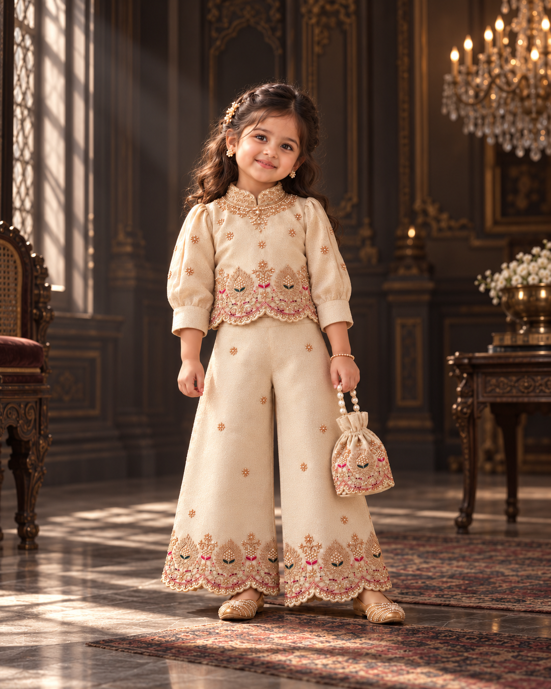 Noor-e-Moti Girls Palazzo Set with potli