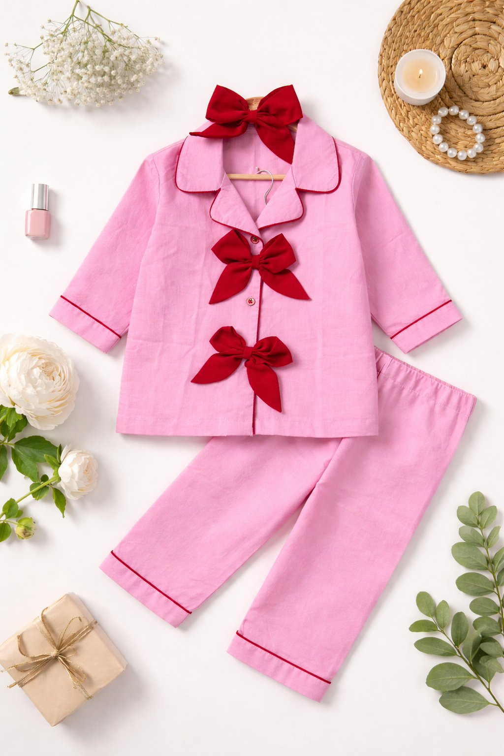 Blush Bow Girls Night Suit with Headbow Clip