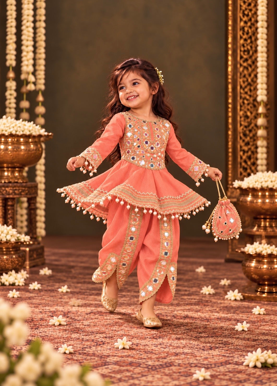 Aaina Coral Girls Dhoti Set with Potli