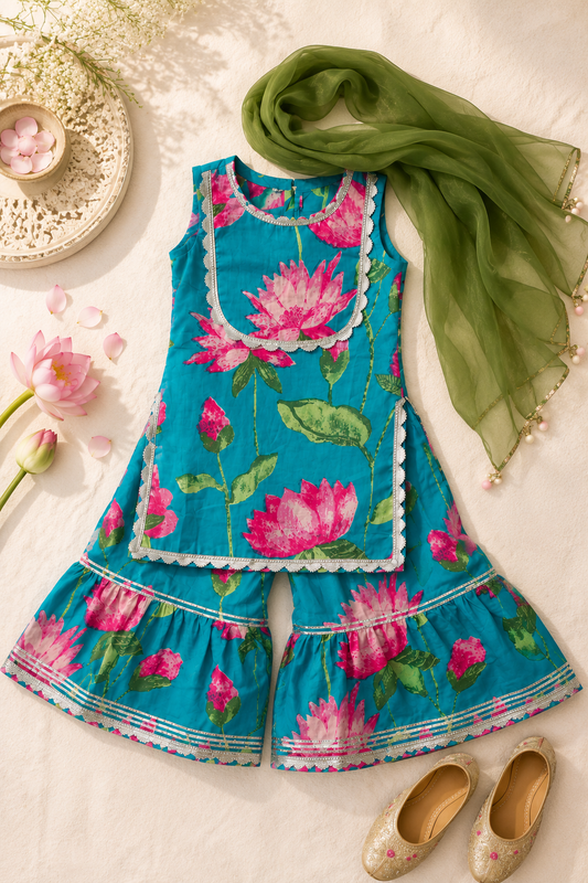 Lotus Lagoon Girls Sharara Set with sleeves