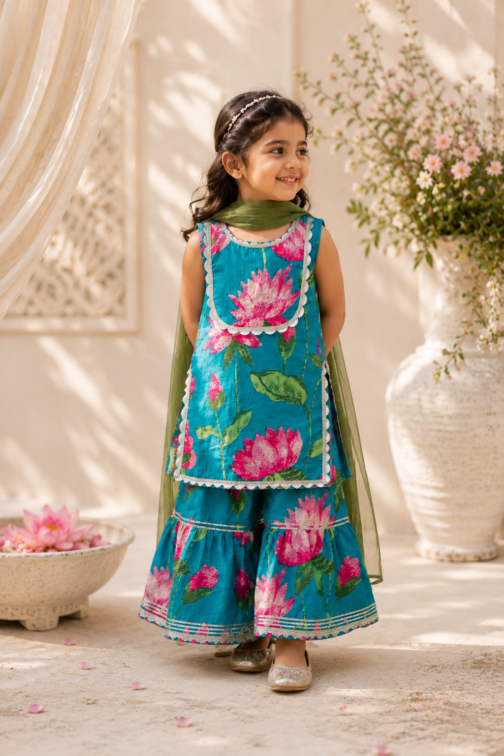 Lotus Lagoon Girls Sharara Set with sleeves
