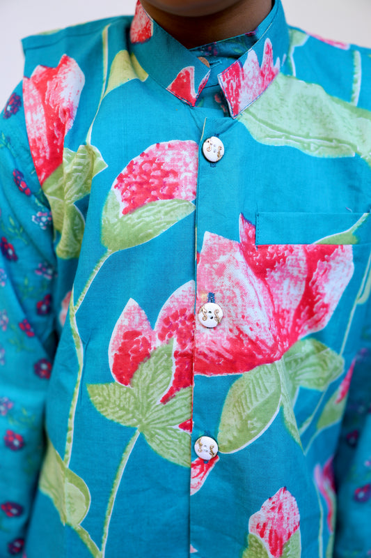 Lotus Lagoon Boys Kurta Set with Jacket