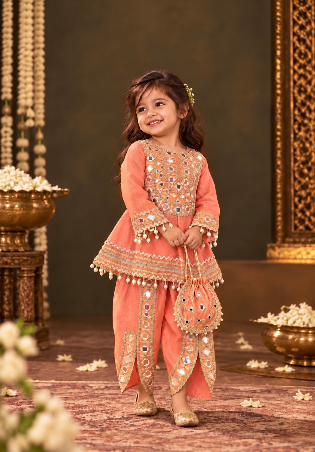 Aaina Coral Girls Dhoti Set with Potli