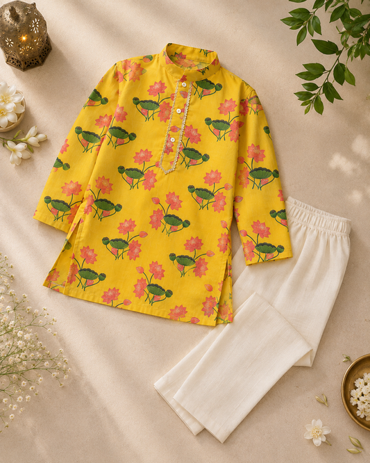 Pichwai Petals Boys Kurta Pyjama Set