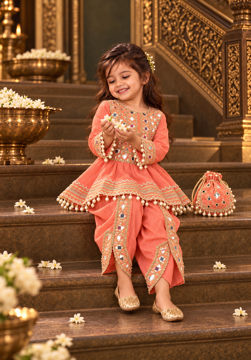 Aaina Coral Girls Dhoti Set with Potli