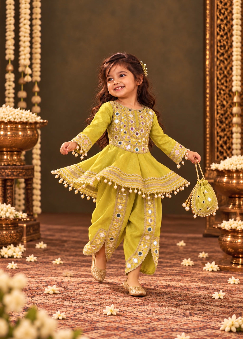 Sitara Lime Girls Dhoti Set with potli