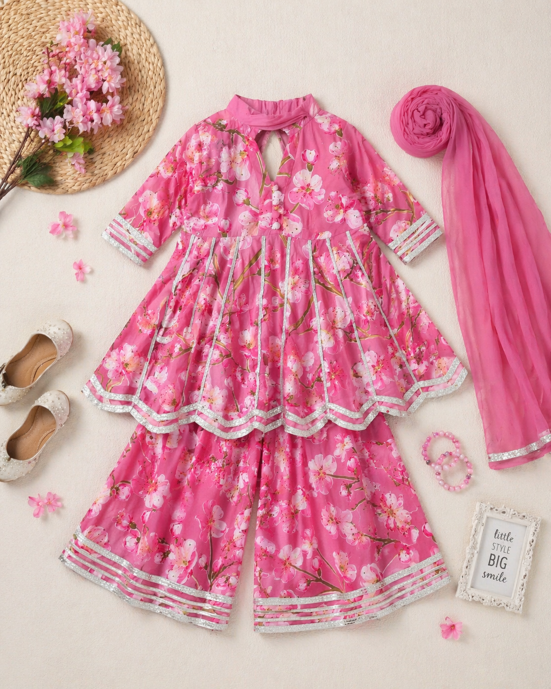 Phoolwari Pink Girls Sharara Set