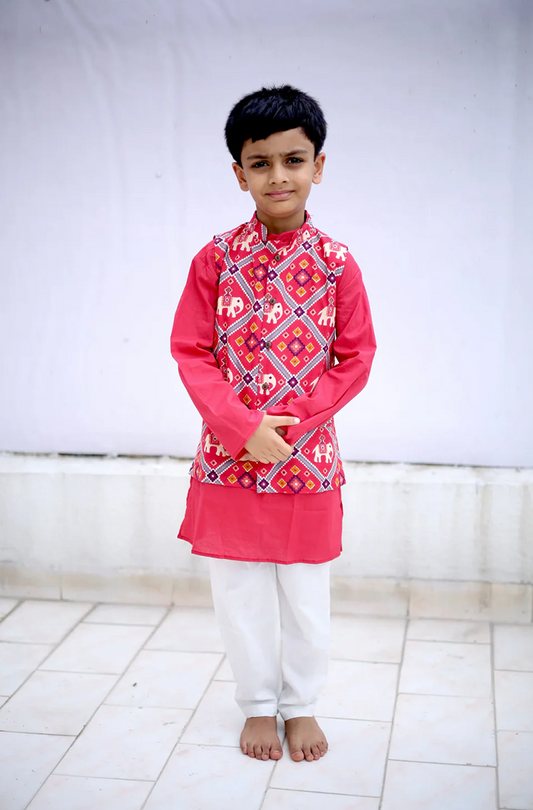 Red Patola Boys Ethnic Nehru Jacket Set