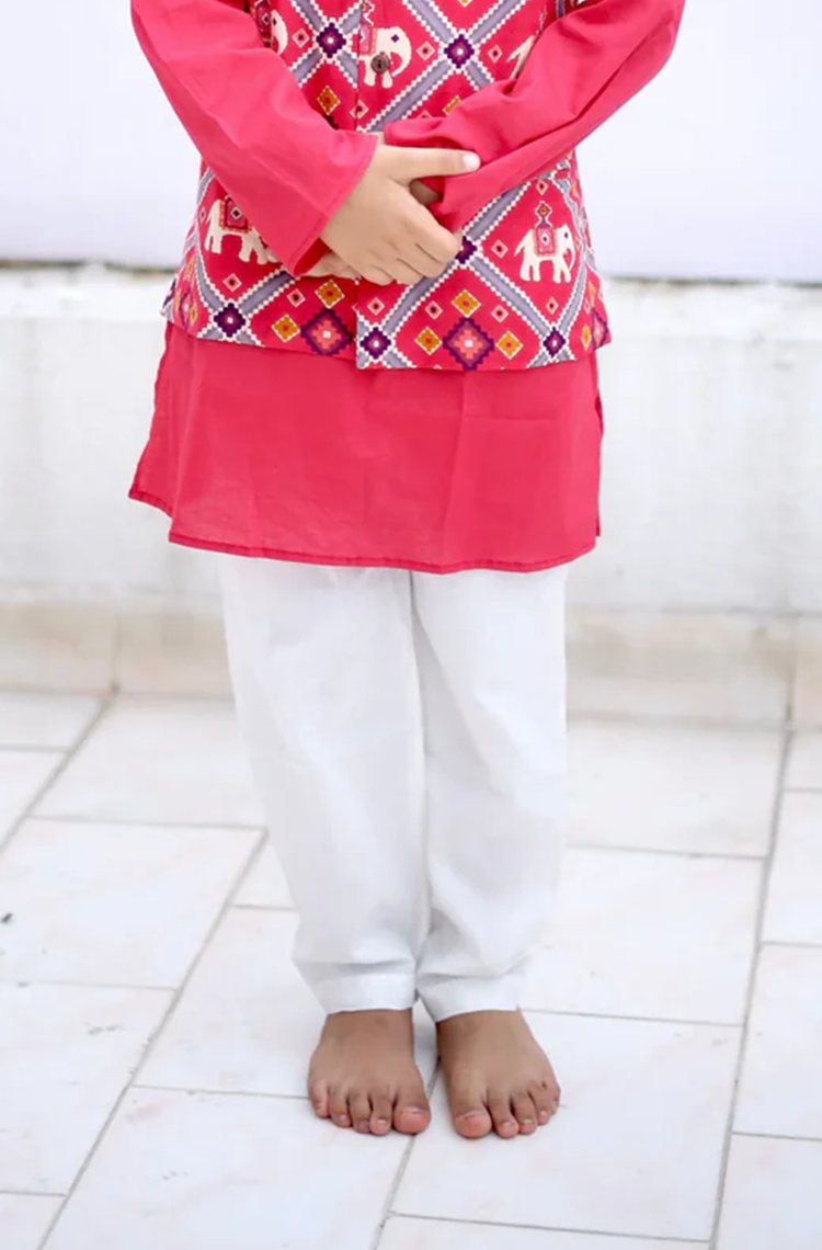 Red Patola Boys Ethnic Nehru Jacket Set